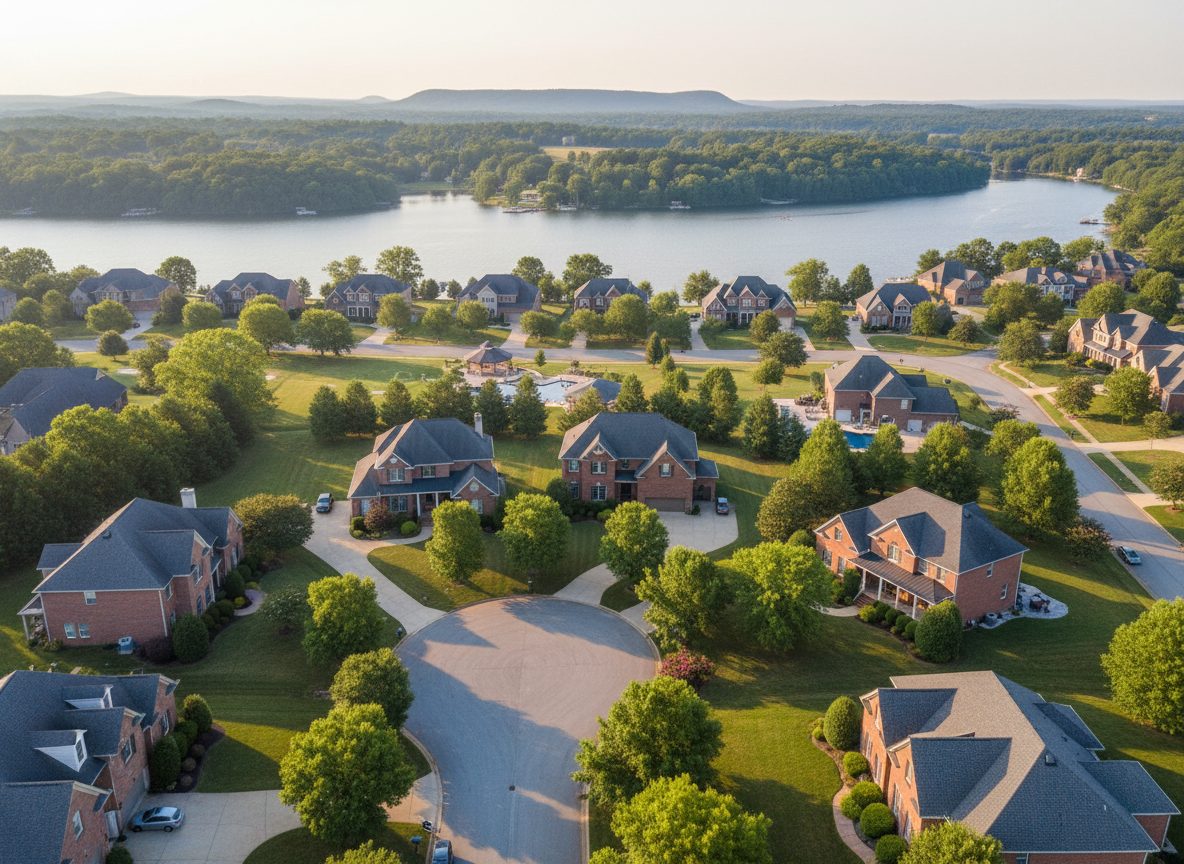 An upscale Farragut, Tennessee neighborhood of two-story brick homes near Fort Loudoun Lake