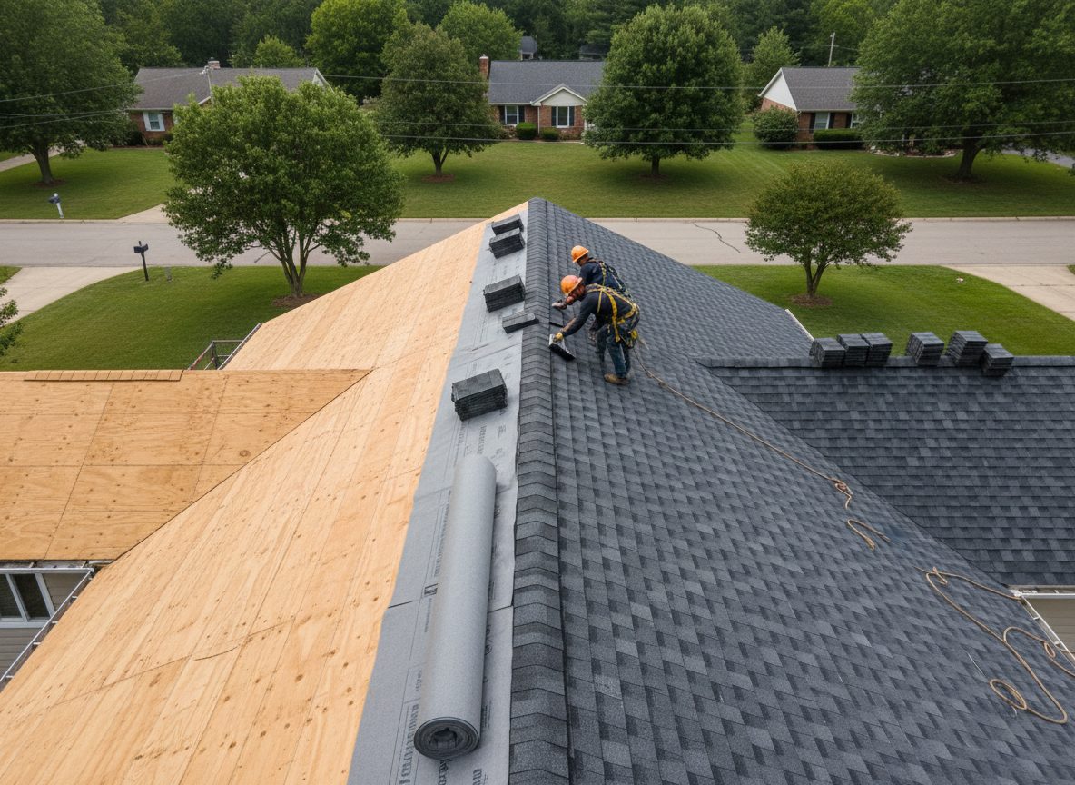 A roofing crew mid-replacement on a suburban home, half the roof stripped to plywood decking and half finished with new asphalt shingles